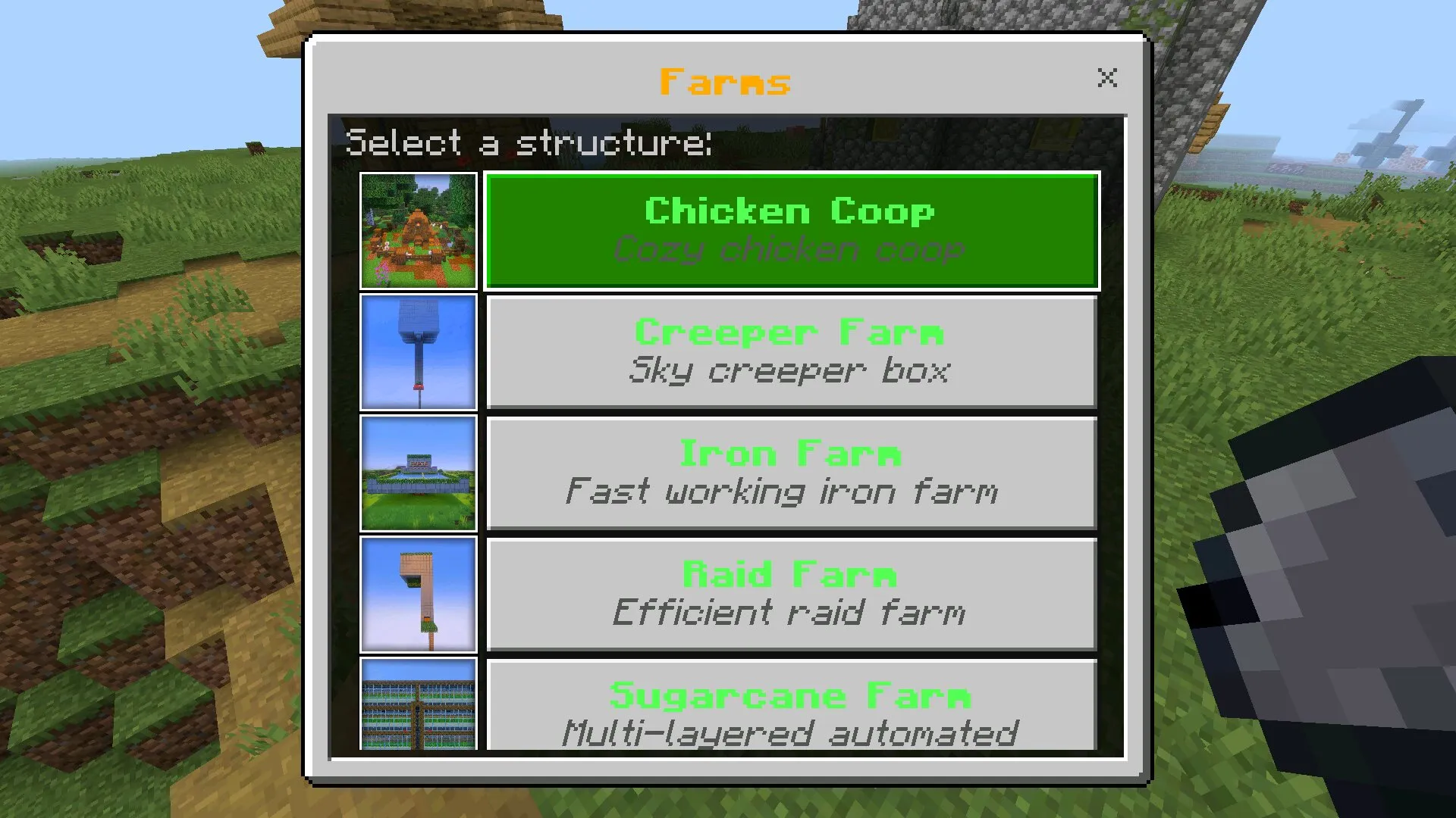 Варианты из мода на постройку фермы на Майнкрафт ПЕ