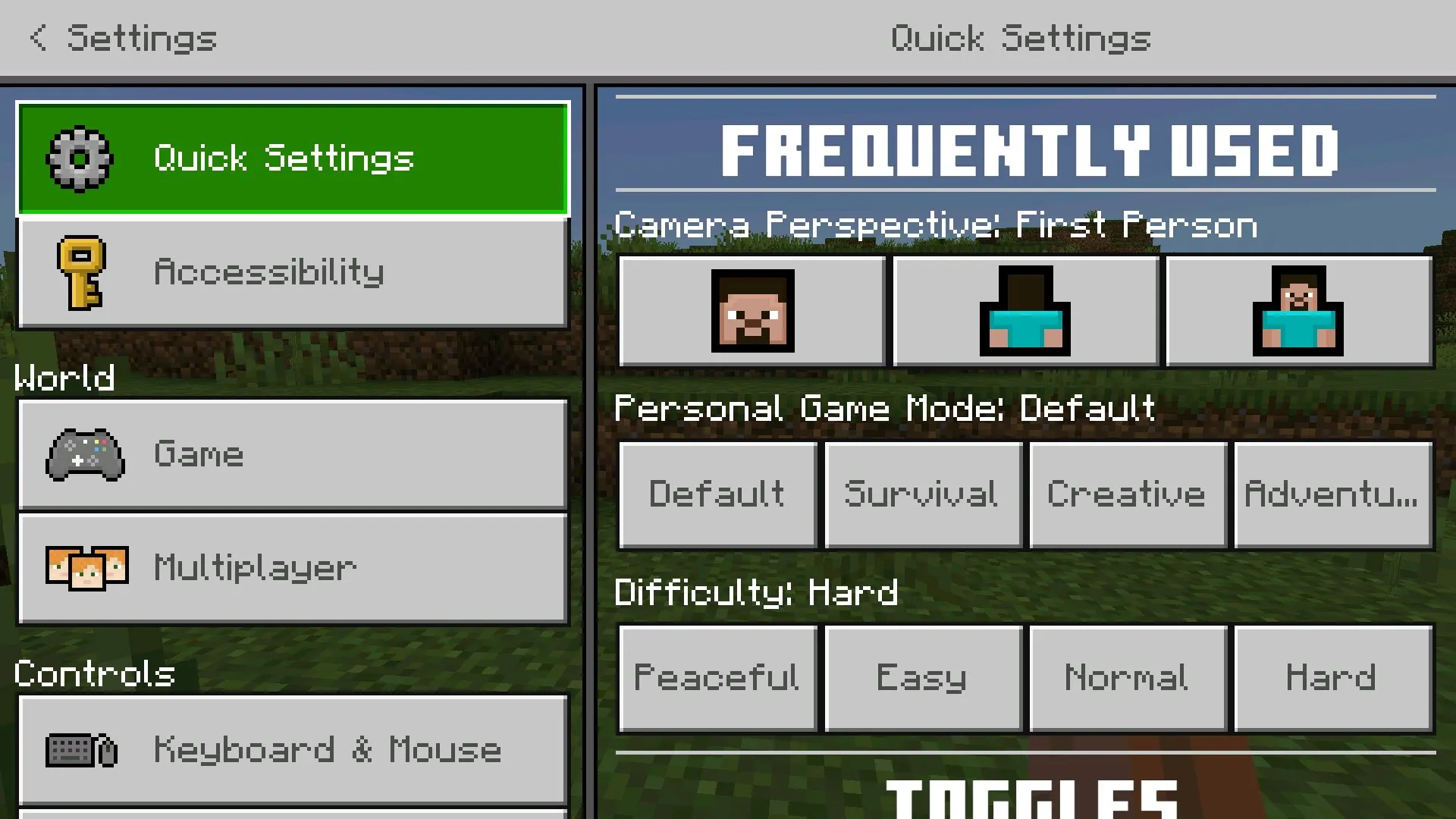 Интерфейс из мода на улучшенные настройки в Майнкрафт ПЕ
