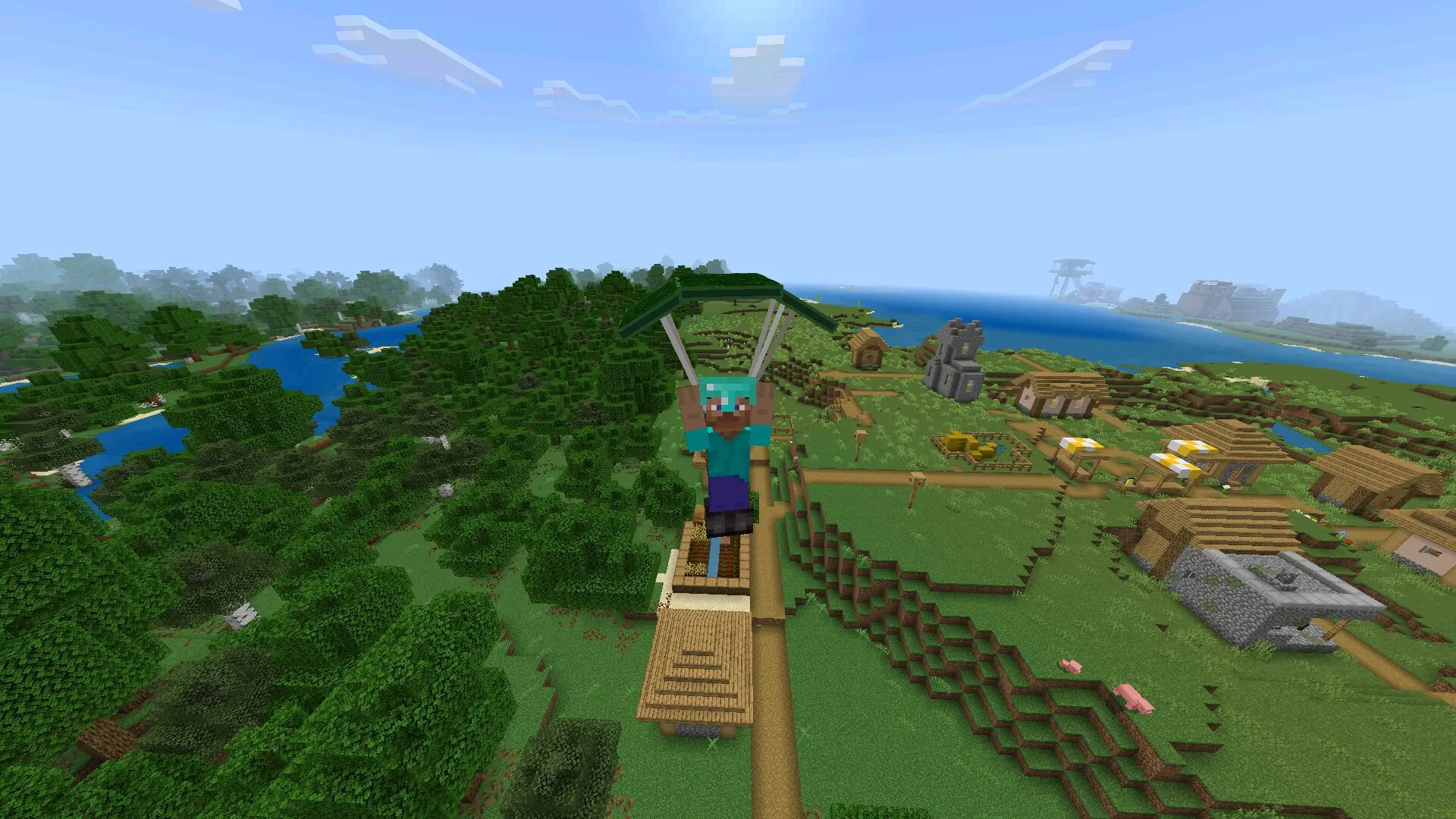 Стив летит с модом на парашют в Майнкрафт ПЕ