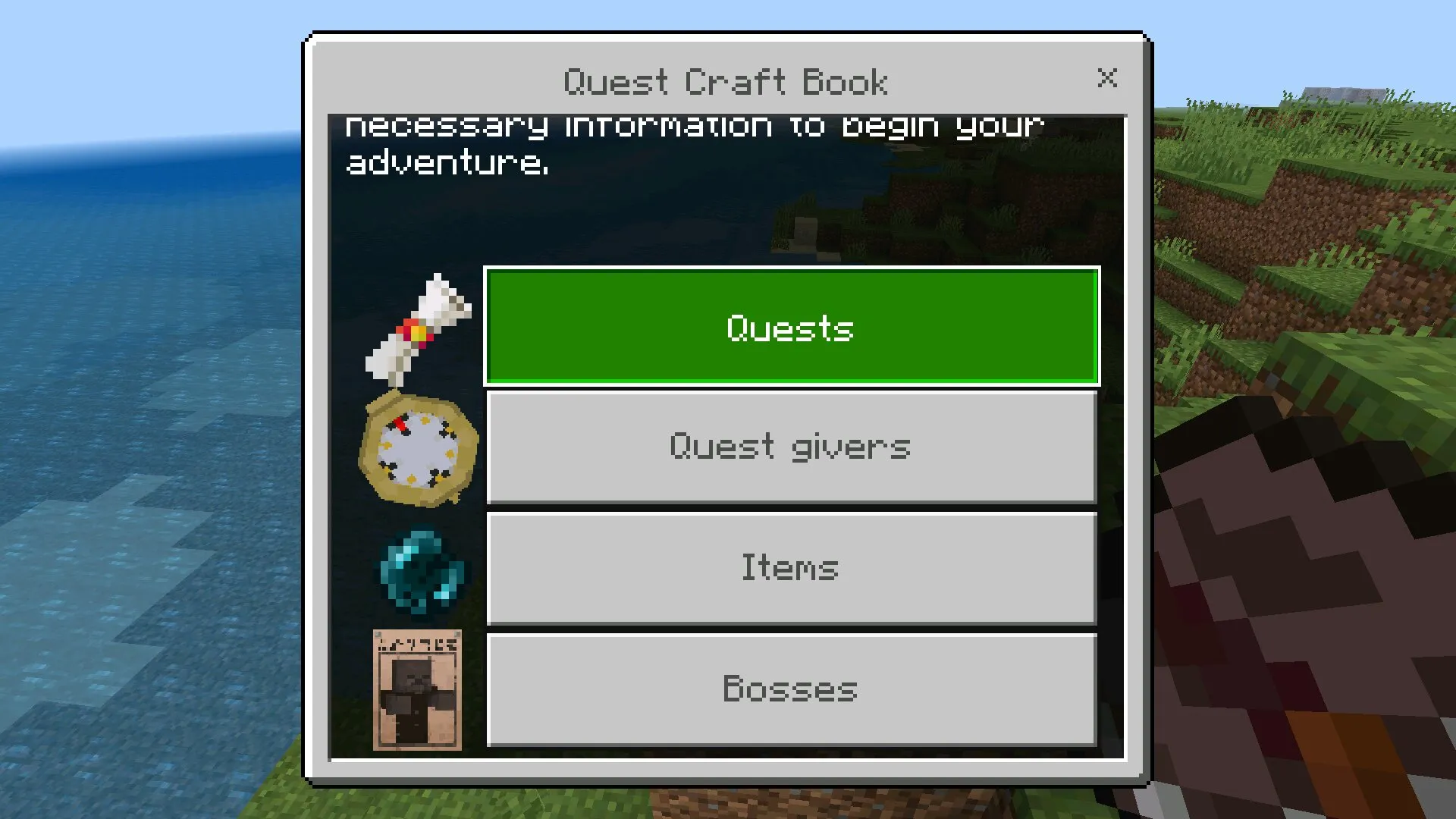 Меню из мода на квесты в Майнкрафт ПЕ