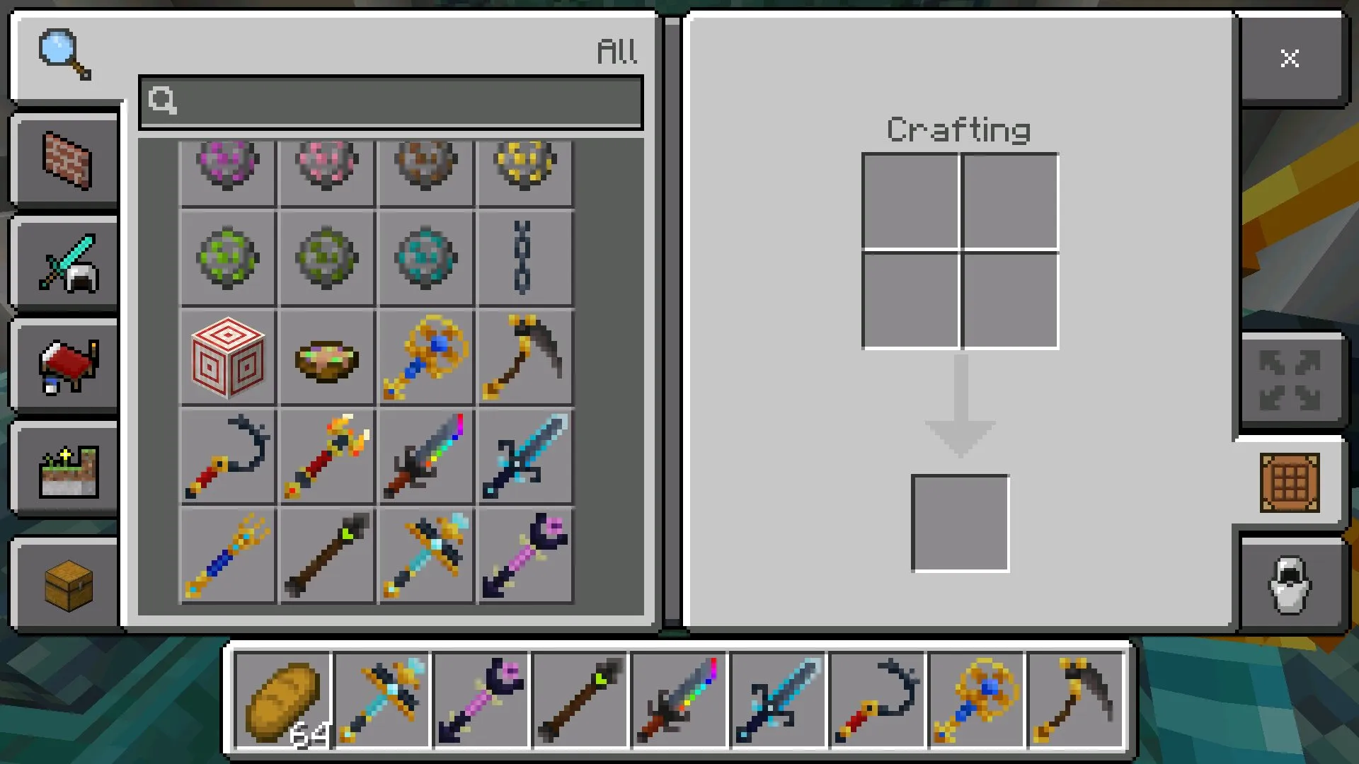 Инвентарь из Мода на Оружие богов в Майнкрафт ПЕ