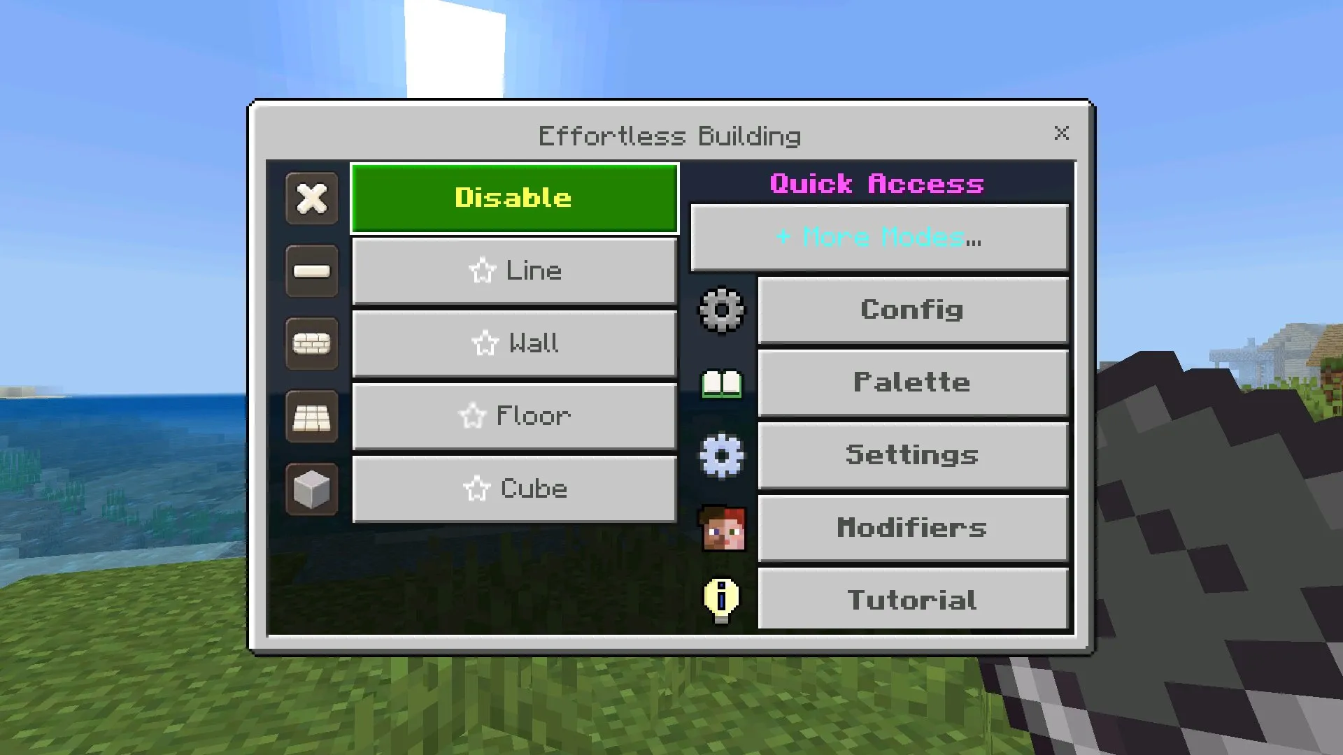 Опции из Мода Effortless Building для Майнкрафт Бедрок